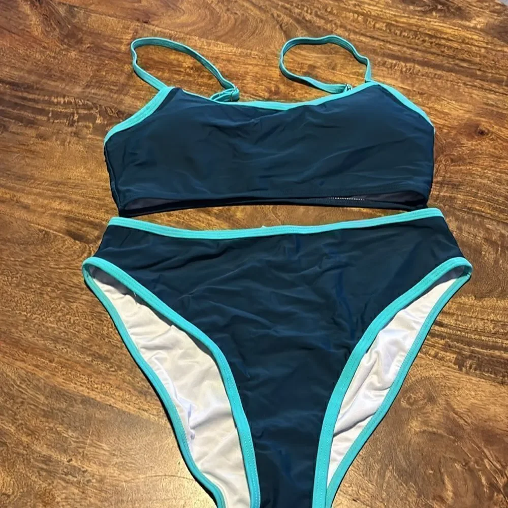 SUUKSESS High Waisted 2 Piece Cheeky High Cut Bandeau Swimsuit navy/aqua